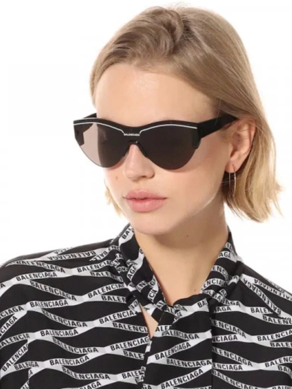 BALENCIAGA BB0004SA Shield Shape Grey Lens Frame White Imprint Sunglasses NWB
